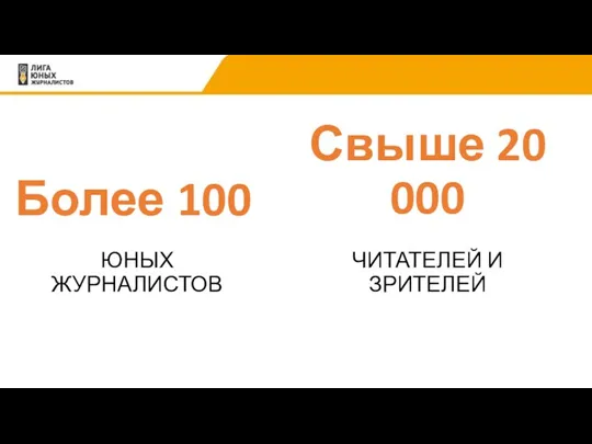 Более 100 ЮНЫХ ЖУРНАЛИСТОВ Свыше 20 000 ЧИТАТЕЛЕЙ И ЗРИТЕЛЕЙ