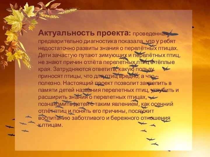 Актуальность проекта: проведенная предварительно диагностика показала, что у ребят недостаточно