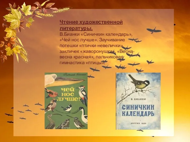 Чтение художественной литературы. В.Бианки «Синичкин календарь», «Чей нос лучше». Заучивание