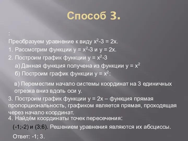 Способ 3. : Преобразуем уравнение к виду х2-3 = 2х. 1. Рассмотрим функции