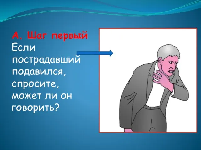 A. Шаг первый Если пострадавший подавился, спросите, может ли он говорить?