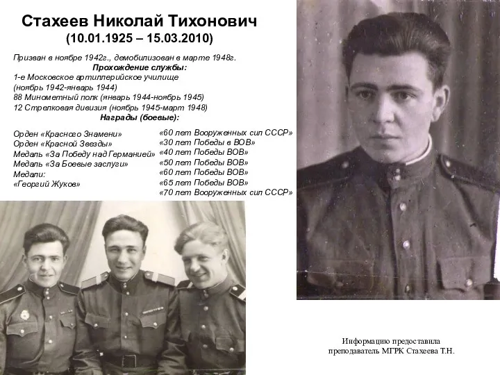 Стахеев Николай Тихонович (10.01.1925 – 15.03.2010) Призван в ноябре 1942г.,