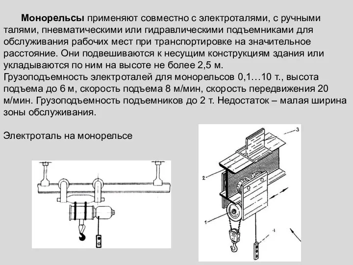 Монорельсы применяют совместно с электроталями, с ручными талями, пневматическими или