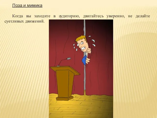 Поза и мимика Когда вы заходите в аудиторию, двигайтесь уверенно, не делайте суетливых движений.