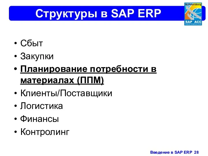 Структуры в SAP ERP Сбыт Закупки Планирование потребности в материалах (ППМ) Клиенты/Поставщики Логистика Финансы Контролинг