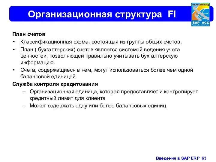 Организационная структура FI План счетов Классификационная схема, состоящая из группы