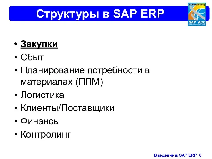 Структуры в SAP ERP Закупки Сбыт Планирование потребности в материалах (ППМ) Логистика Клиенты/Поставщики Финансы Контролинг