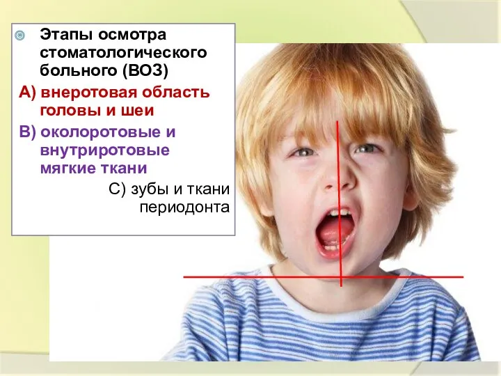 Этапы осмотра стоматологического больного (ВОЗ) А) внеротовая область головы и шеи В) околоротовые