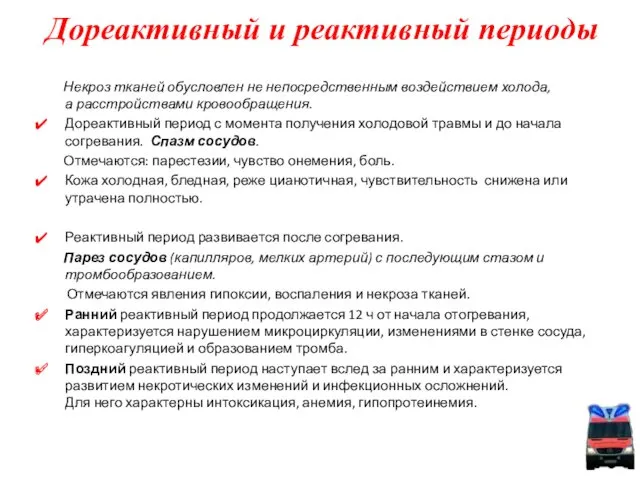 Дореактивный и реактивный периоды Некроз тканей обусловлен не непосредственным воздействием