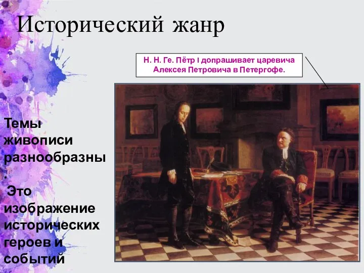 Исторический жанр Н. Н. Ге. Пётр I допрашивает царевича Алексея Петровича в Петергофе.