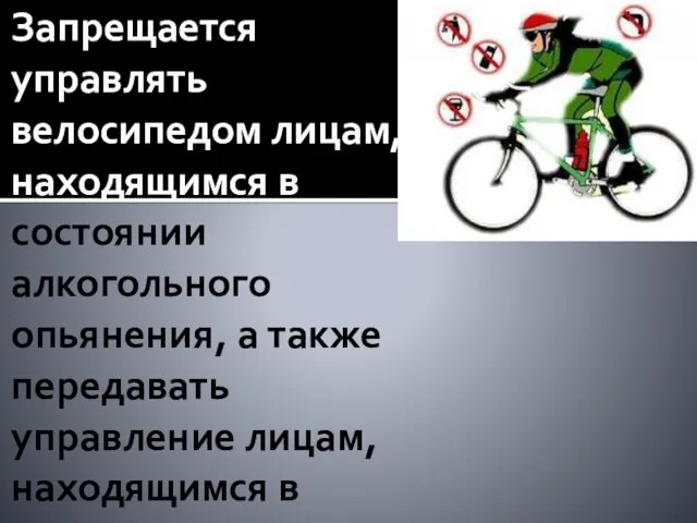 Запрещается управлять велосипедом лицам, находящимся в состоянии алкогольного опьянения, а