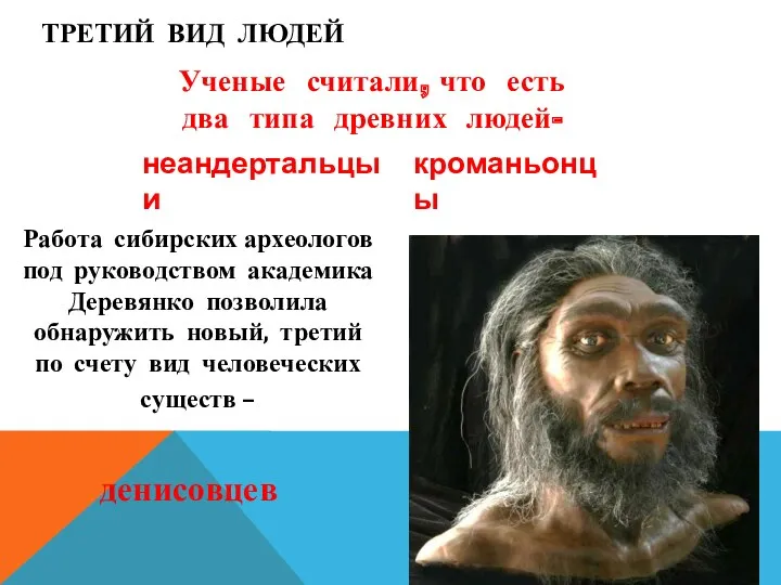 ТРЕТИЙ ВИД ЛЮДЕЙ Работа сибирских археологов под руководством академика Деревянко