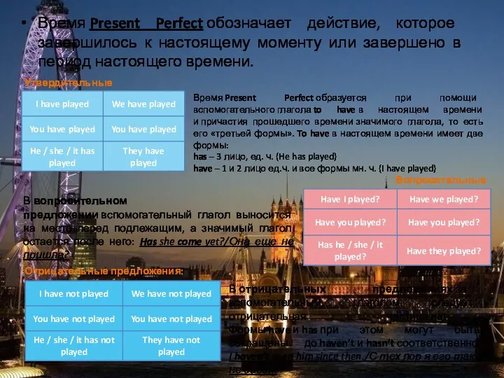 Время Present Perfect обозначает действие, которое завершилось к настоящему моменту