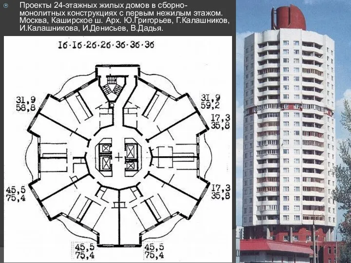 Проекты 24-этажных жилых домов в сборно-монолитных конструкциях с первым нежилым этажом. Москва, Каширское