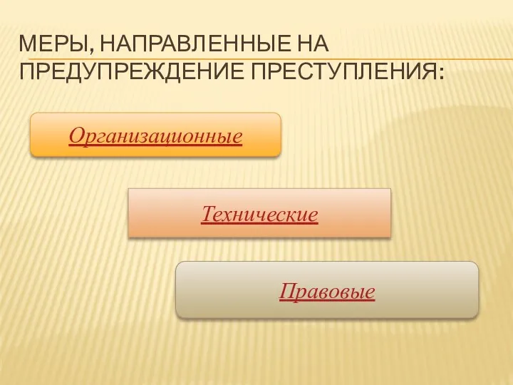 МЕРЫ, НАПРАВЛЕННЫЕ НА ПРЕДУПРЕЖДЕНИЕ ПРЕСТУПЛЕНИЯ: Правовые Организационные Технические