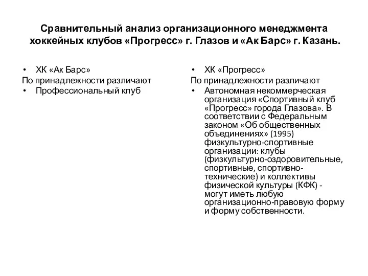 Сравнительный анализ организационного менеджмента хоккейных клубов «Прогресс» г. Глазов и