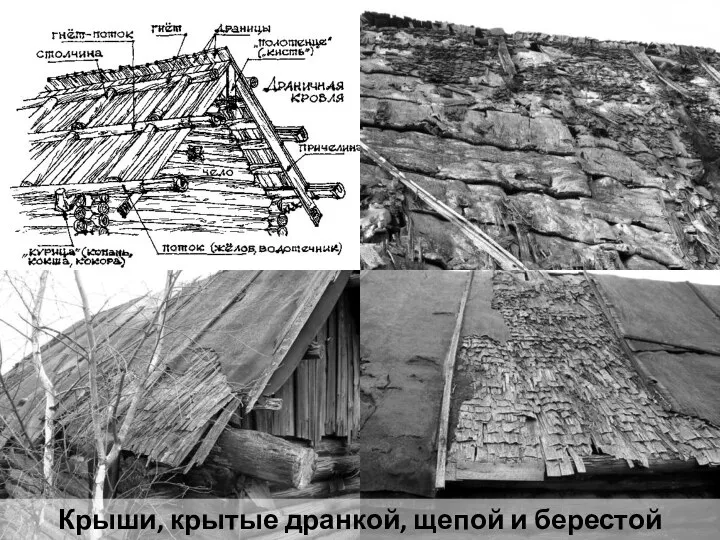 Крыши, крытые дранкой, щепой и берестой