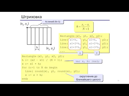 Штриховка (x1, y1) (x2, y2) N линий (N=5) h Rectangle