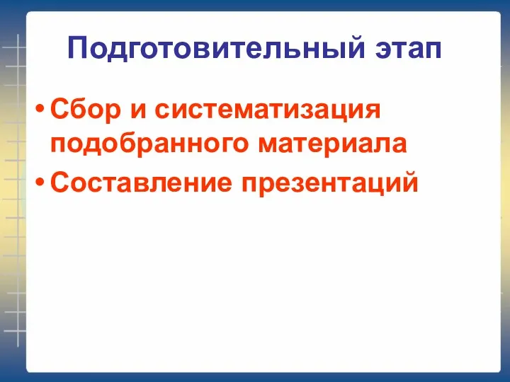 Подготовительный этап Сбор и систематизация подобранного материала Составление презентаций