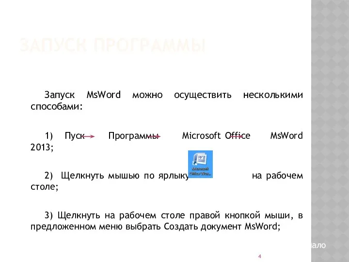 ЗАПУСК ПРОГРАММЫ Запуск MsWord можно осуществить несколькими способами: 1) Пуск Программы Microsoft Office