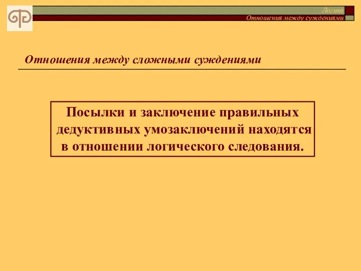 Логика Отношения между суждениями Отношения между сложными суждениями Посылки и