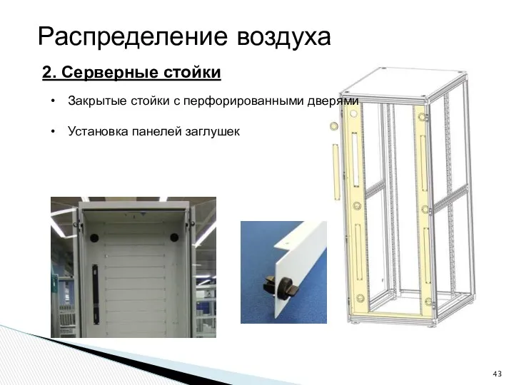 Распределение воздуха 2. Серверные стойки Закрытые стойки с перфорированными дверями Установка панелей заглушек