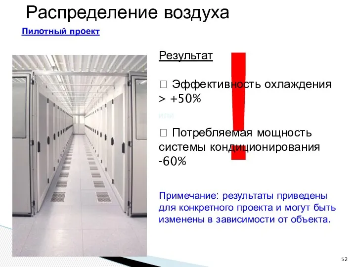 Распределение воздуха Пилотный проект ! Результат ? Эффективность охлаждения >