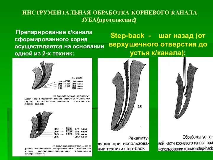 ИНСТРУМЕНТАЛЬНАЯ ОБРАБОТКА КОРНЕВОГО КАНАЛА ЗУБА(продолжение) Препарирование к/канала сформированного корня осуществляется