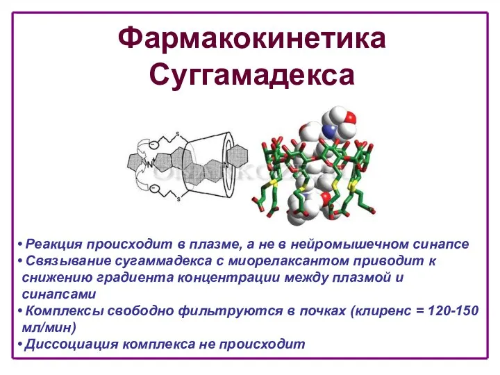 Фармакокинетика Суггамадекса Реакция происходит в плазме, а не в нейромышечном