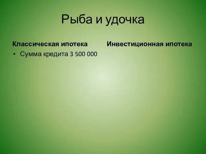 Рыба и удочка Классическая ипотека Сумма кредита 3 500 000 Инвестиционная ипотека