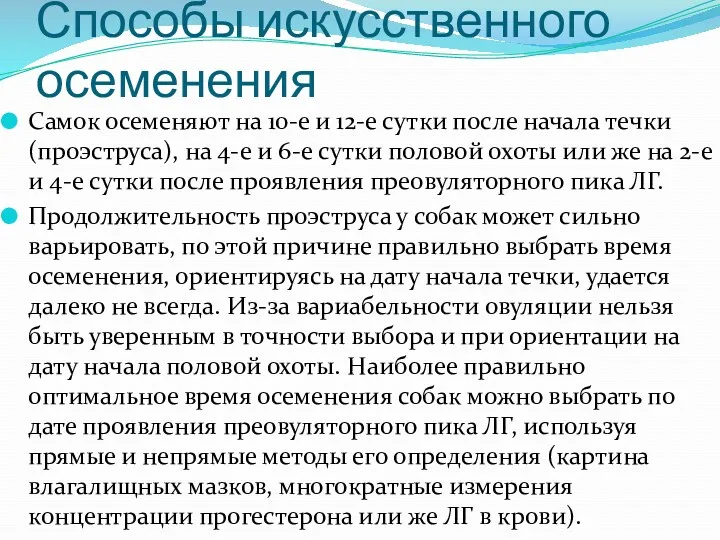 Способы искусственного осеменения Самок осеменяют на 10-е и 12-е сутки