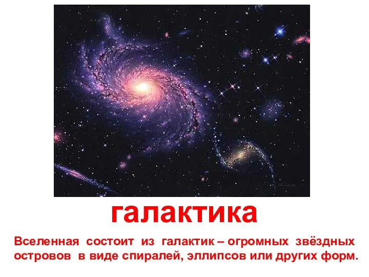 галактика Вселенная состоит из галактик – огромных звёздных островов в виде спиралей, эллипсов или других форм.