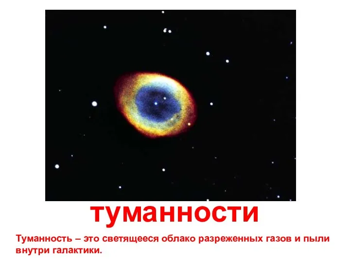 туманности Туманность – это светящееся облако разреженных газов и пыли внутри галактики.