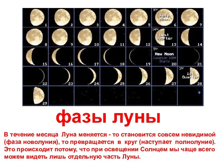 фазы луны В течение месяца Луна меняется - то становится