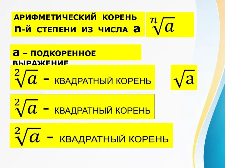 АРИФМЕТИЧЕСКИЙ КОРЕНЬ n-Й СТЕПЕНИ ИЗ ЧИСЛА а а – ПОДКОРЕННОЕ ВЫРАЖЕНИЕ