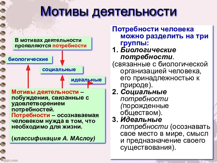 Мотивы деятельности Потребности человека можно разделить на три группы: 1.