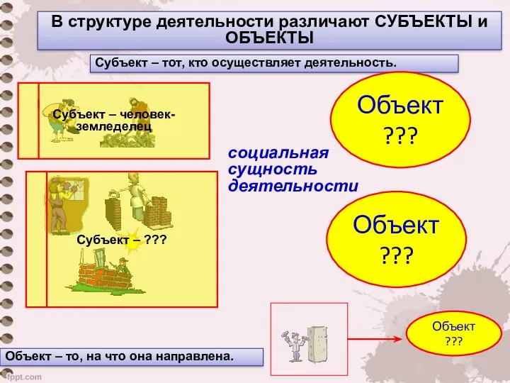 В структуре деятельности различают СУБЪЕКТЫ и ОБЪЕКТЫ Субъект – тот,