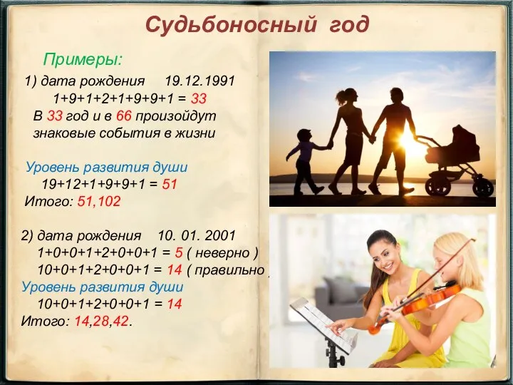 Судьбоносный год Примеры: 1) дата рождения 19.12.1991 1+9+1+2+1+9+9+1 = 33