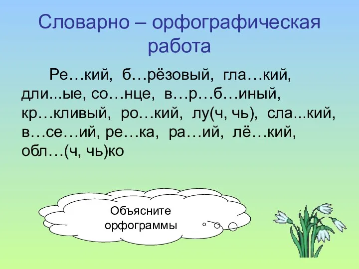 Словарно – орфографическая работа Ре…кий, б…рёзовый, гла…кий, дли...ые, со…нце, в…р…б…иный,