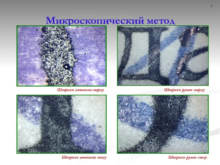 Микроскопический метод Штрихи оттиска сверху Штрихи ручки сверху Штрихи оттиска снизу Штрихи ручки снизу 2