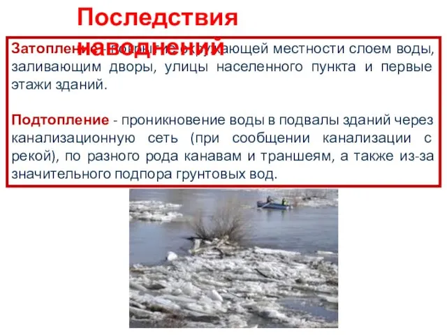 Затопление - покрытие окружающей местности слоем воды, заливающим дворы, улицы