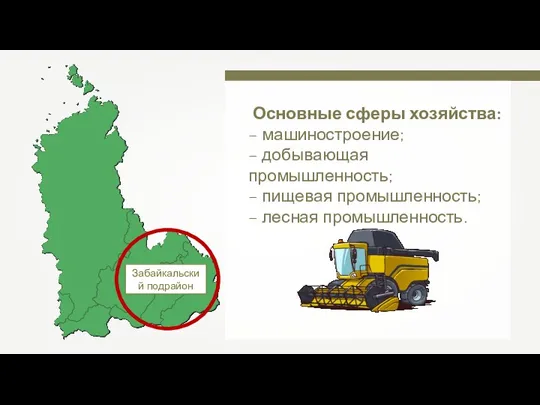 Забайкальский подрайон Основные сферы хозяйства: – машиностроение; – добывающая промышленность; – пищевая промышленность; – лесная промышленность.