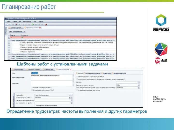 Планирование работ Шаблоны работ с установленными задачами Определение трудозатрат, частоты выполнения и других параметров