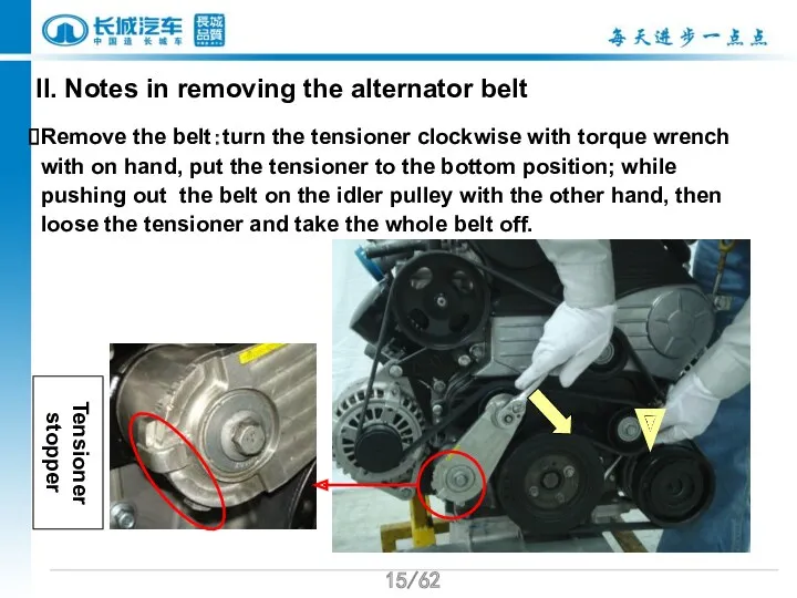 /62 II. Notes in removing the alternator belt Remove the