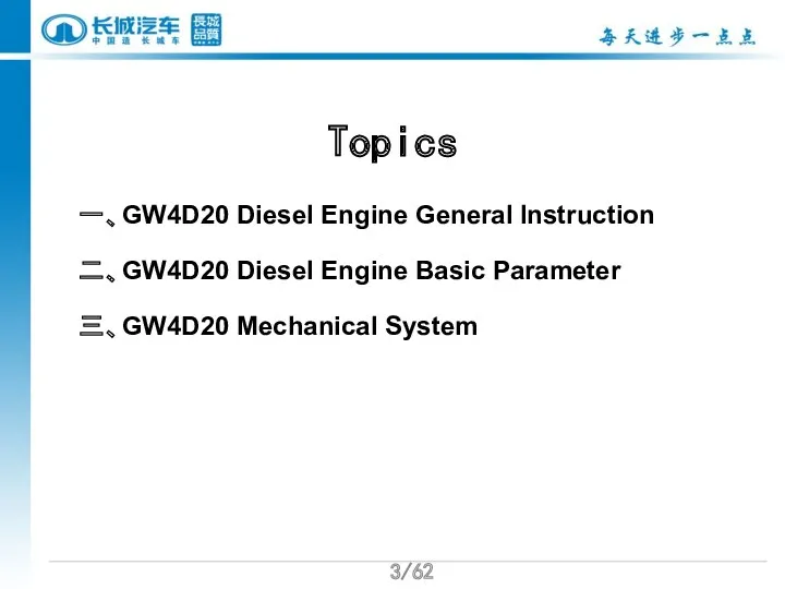 /62 Topics 一、GW4D20 Diesel Engine General Instruction 二、GW4D20 Diesel Engine Basic Parameter 三、GW4D20 Mechanical System