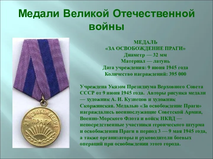 Медали Великой Отечественной войны МЕДАЛЬ «ЗА ОСВОБОЖДЕНИЕ ПРАГИ» Диаметр —