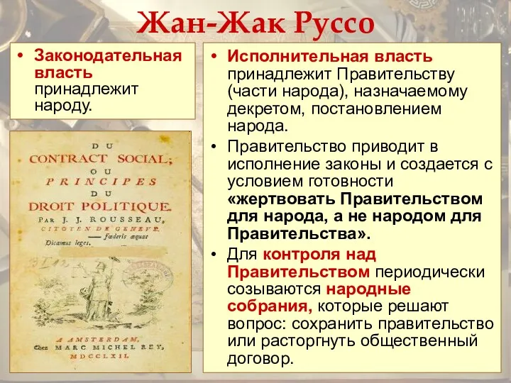 Жан-Жак Руссо Исполнительная власть принадлежит Правительству (части народа), назначаемому декретом,