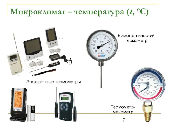 Микроклимат – температура (t, oC) Электронные термометры Биметаллический термометр Термометр-манометр