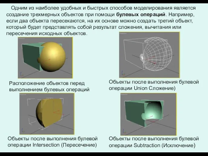 Расположение объектов перед выполнением булевых операций Объекты после выполнения булевой