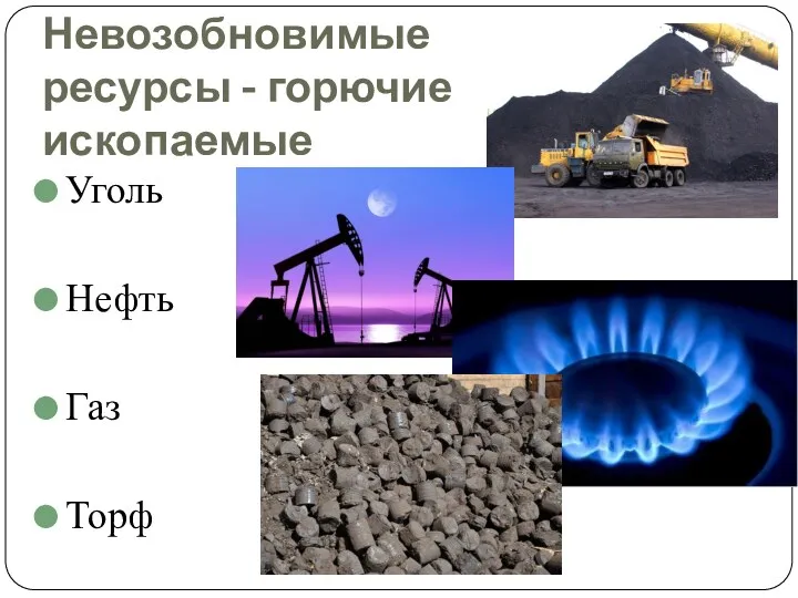 Невозобновимые ресурсы - горючие ископаемые Уголь Нефть Газ Торф